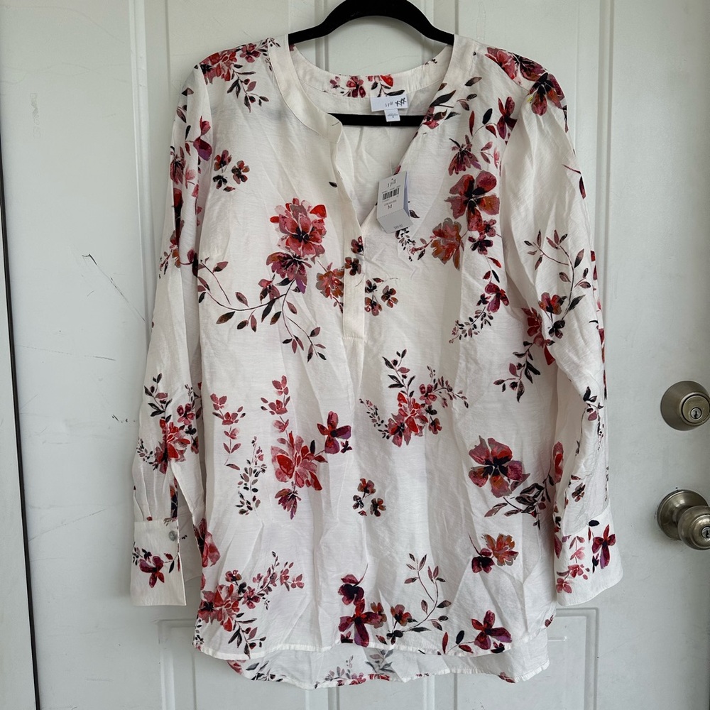 NWT J. Jill Pop-Over Blouse Tunic Top Pullover Floral Print Size Medium